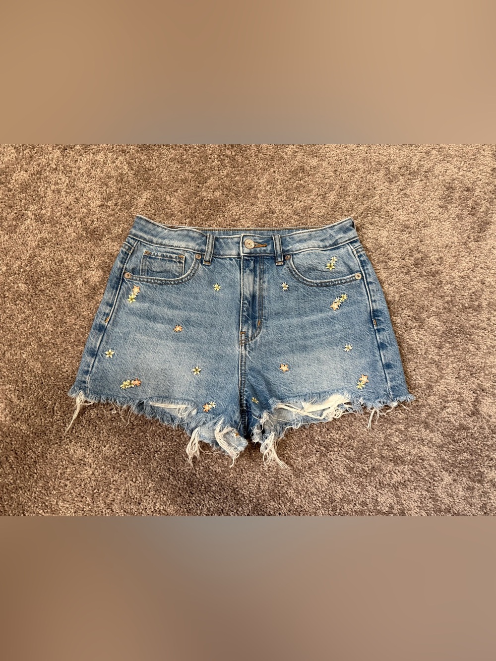 American Eagle women’s denim mom short w/ flower embroidery and distress Size 2